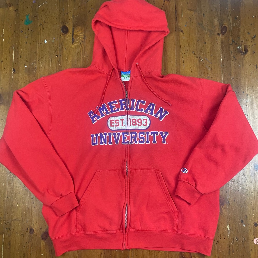 Champion American University Zip Up Hoodie Men's XL Red Eco Fleece Vtg 2000s